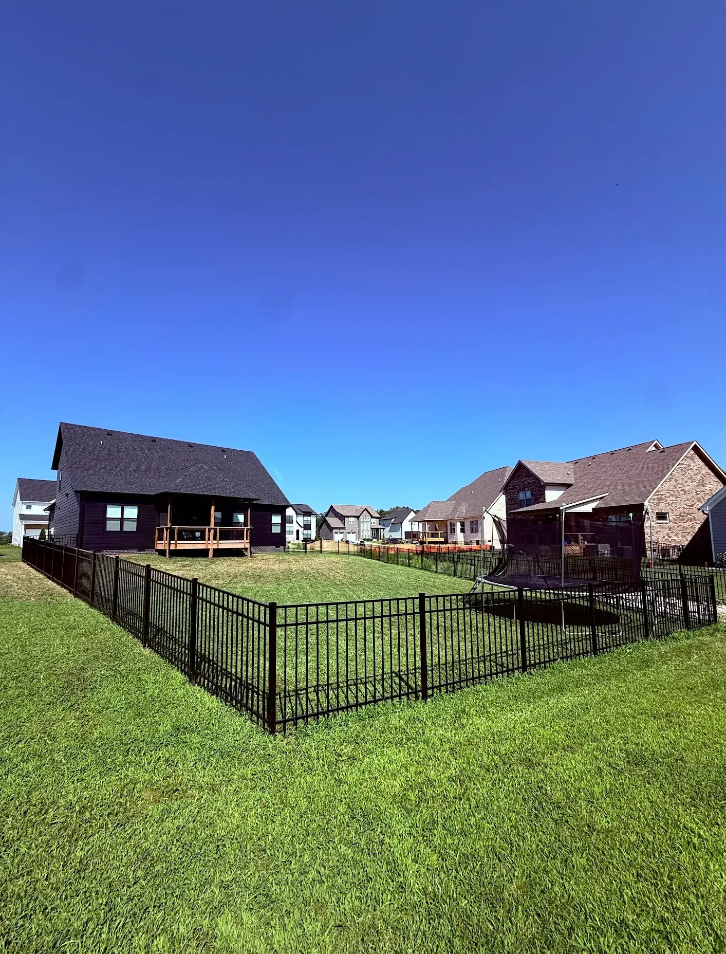 Black aluminum fence surrounding a lawn between brick homes