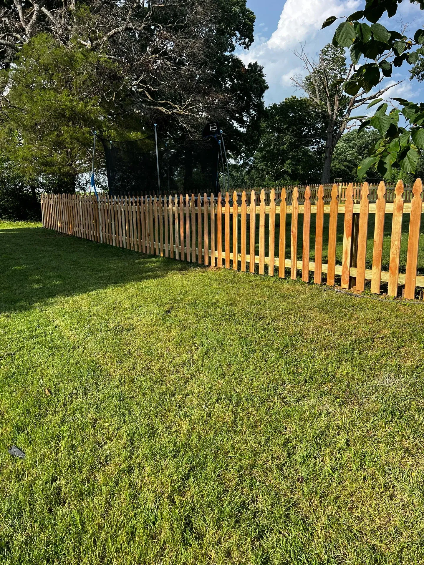 Sunlit pointed wood picket fence along a green lawn
